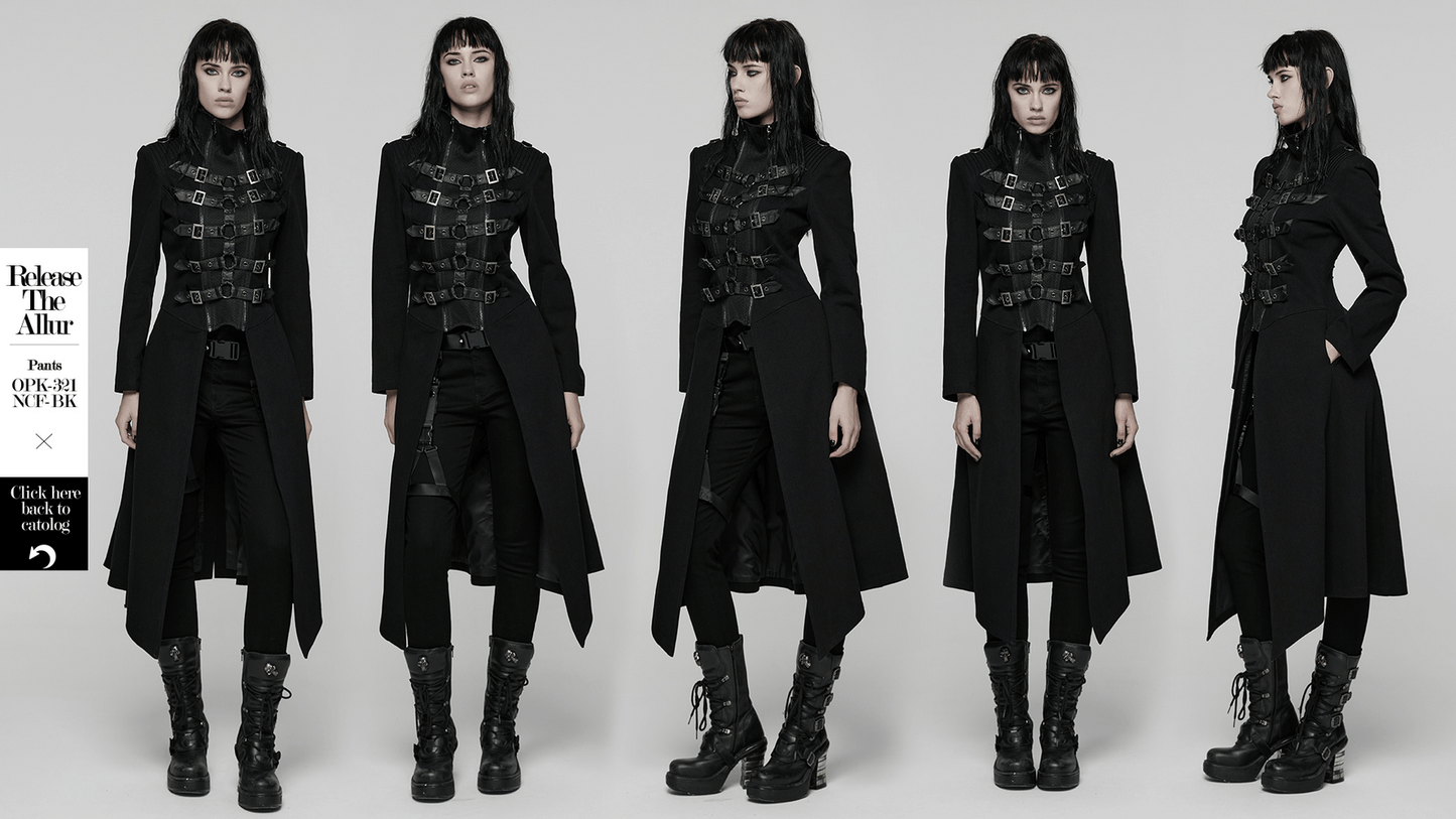 Gothic Long Black Coat with Straps and Buckle Detail