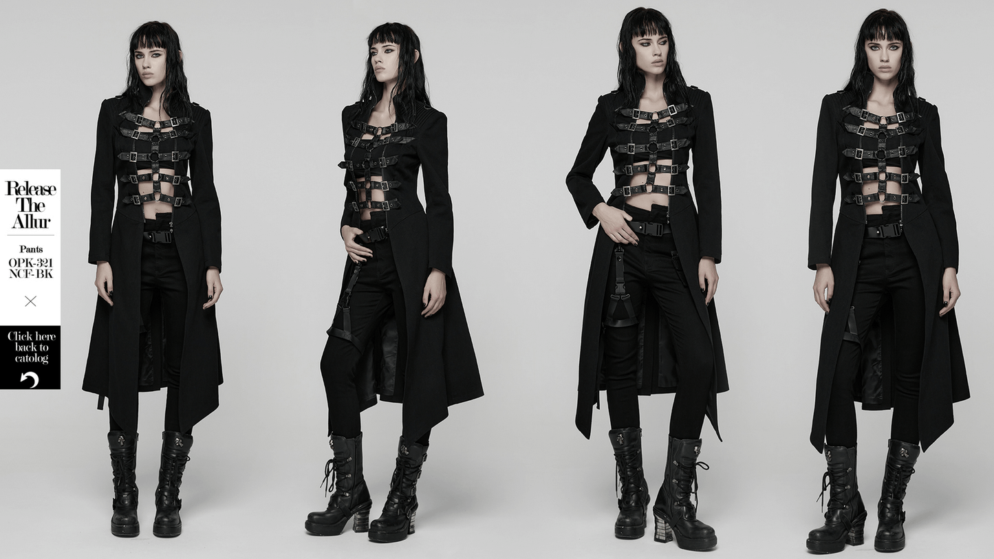 Gothic Long Black Coat with Straps and Buckle Detail