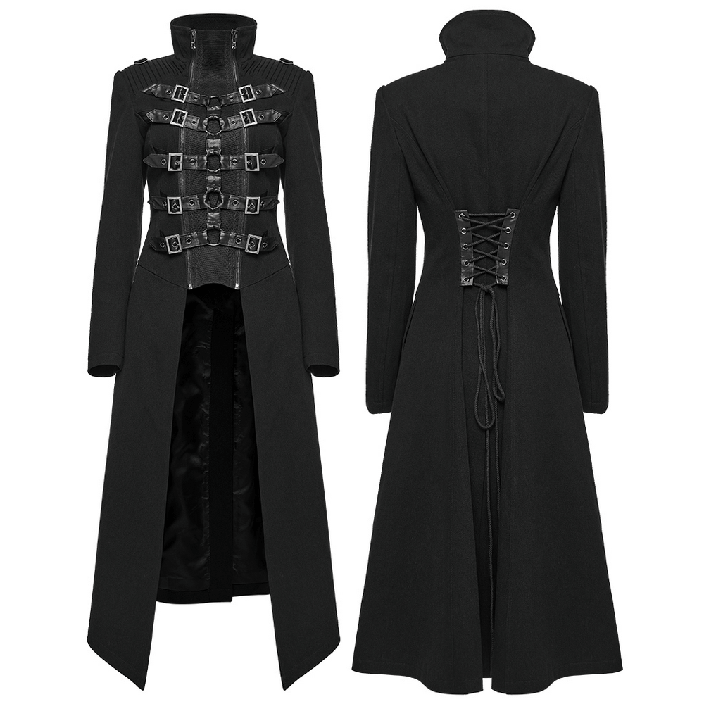 Gothic Long Black Coat with Straps and Buckle Detail