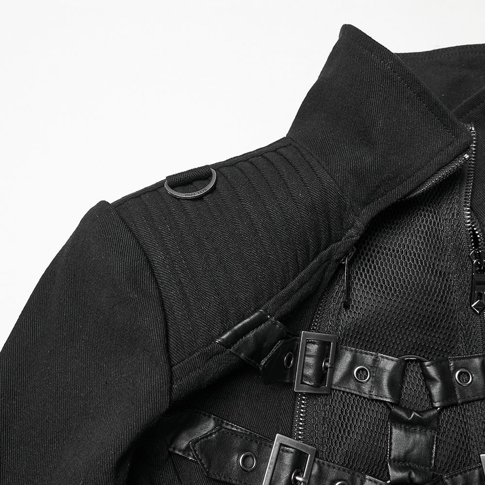 Gothic Long Black Coat with Straps and Buckle Detail