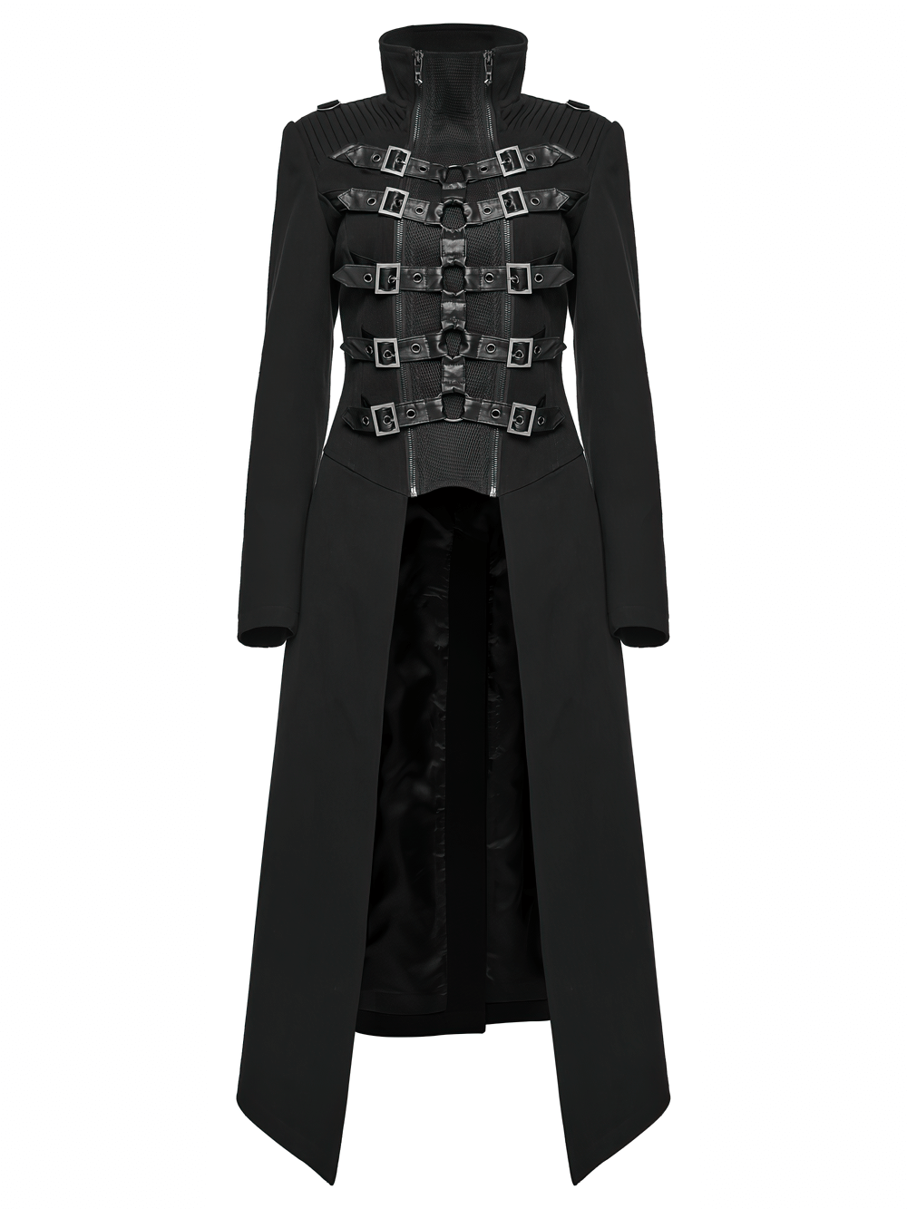 Gothic Long Black Coat with Straps and Buckle Detail