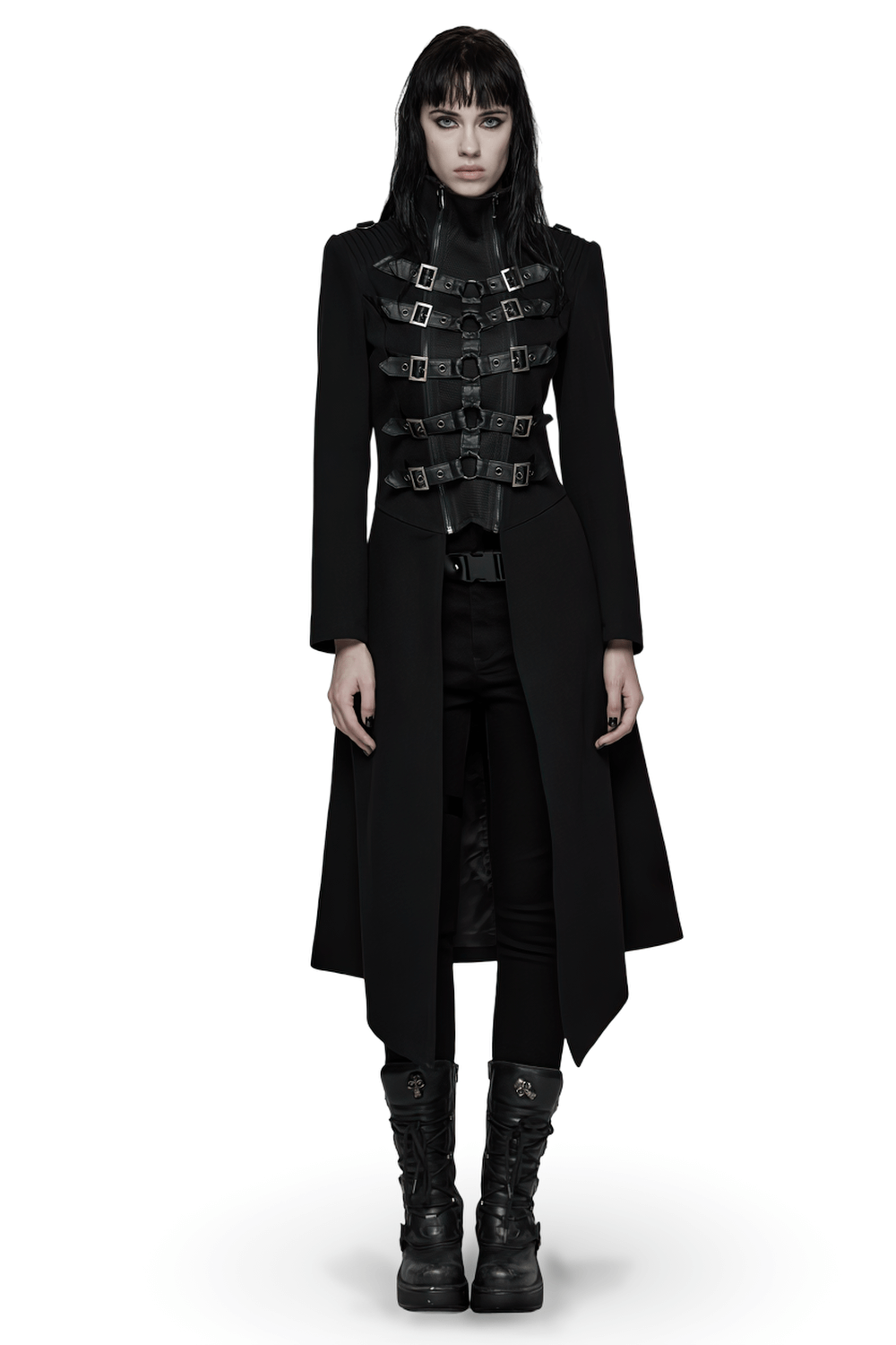 Gothic Long Black Coat with Straps and Buckle Detail