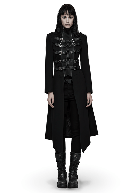 Gothic Long Black Coat with Straps and Buckle Detail