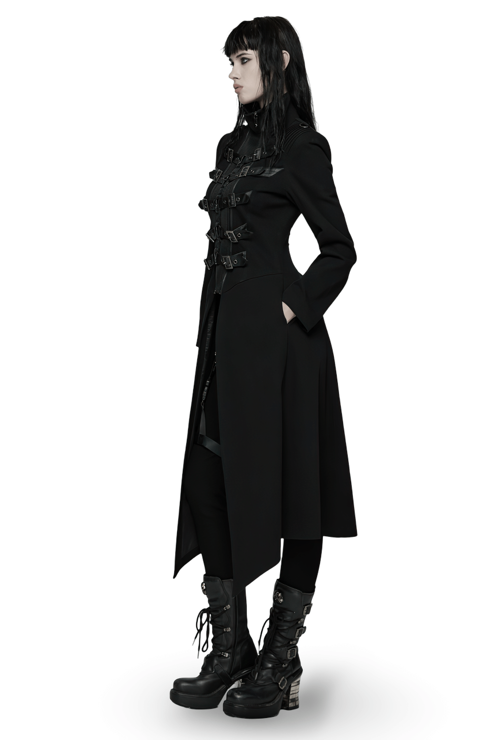 Gothic Long Black Coat with Straps and Buckle Detail