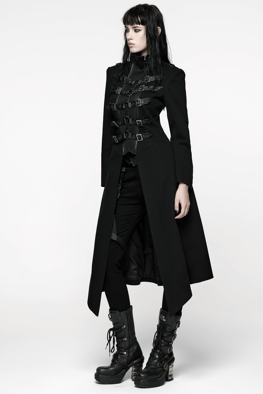Gothic Long Black Coat with Straps and Buckle Detail