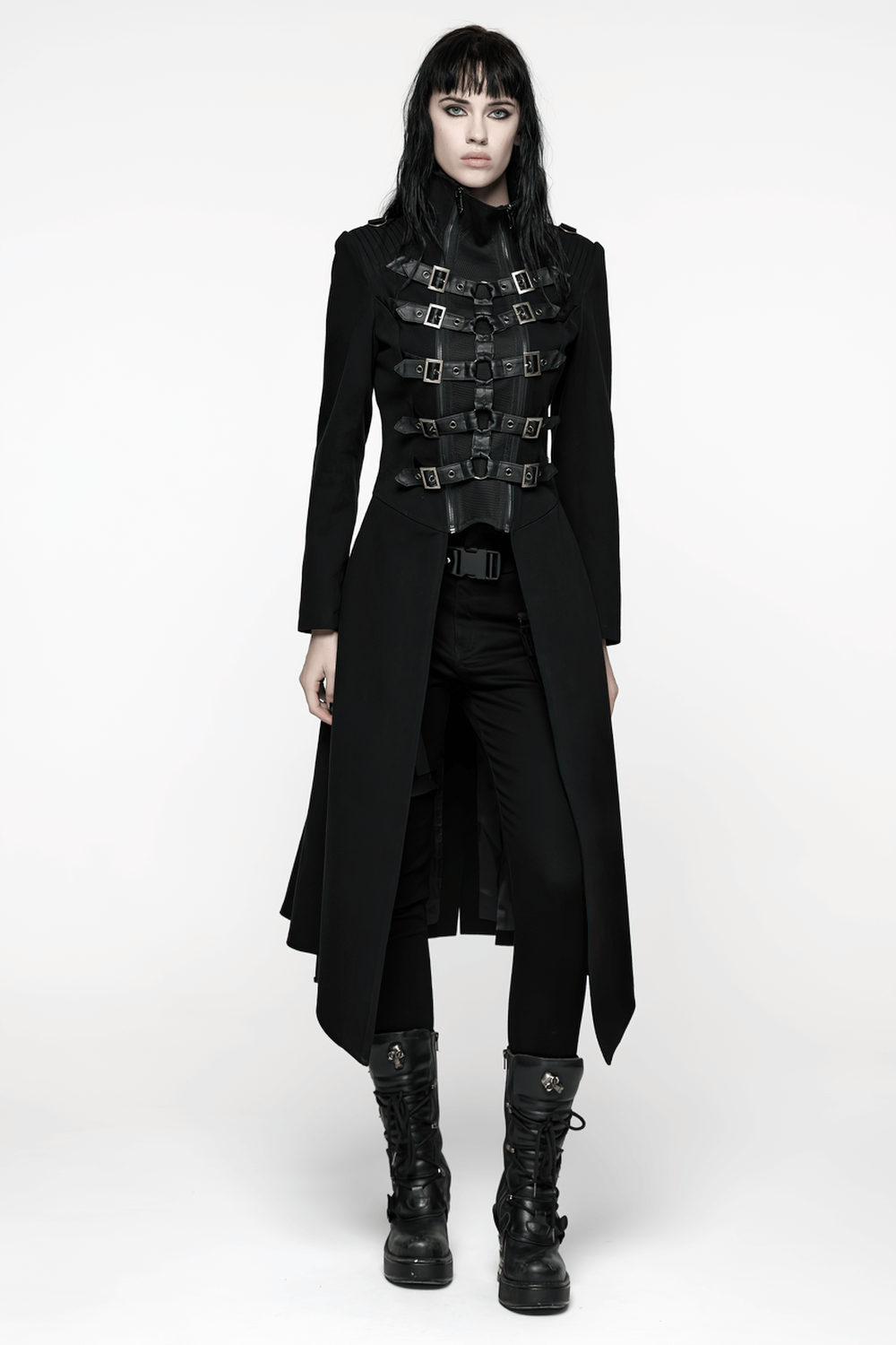 Gothic Long Black Coat with Straps and Buckle Detail