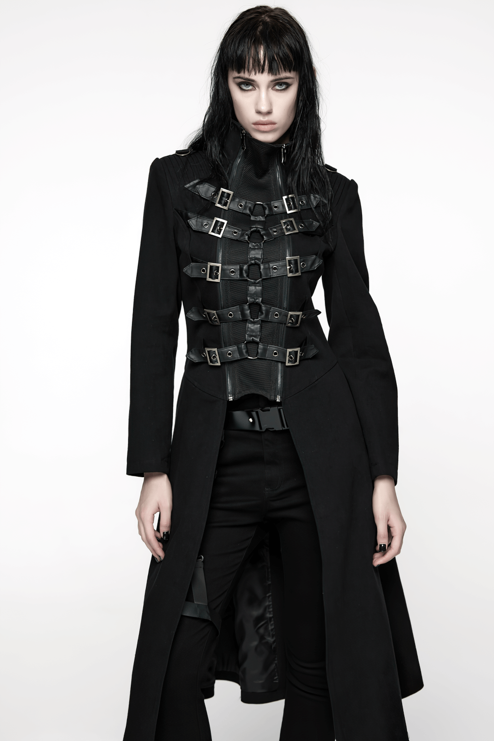 Gothic Long Black Coat with Straps and Buckle Detail