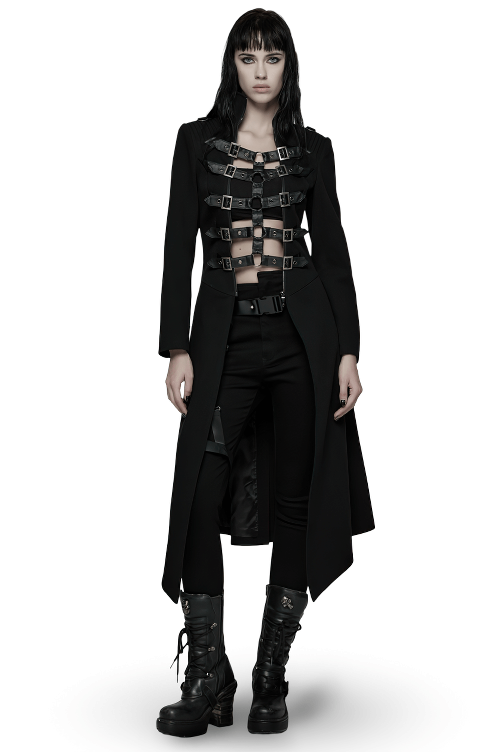 Gothic Long Black Coat with Straps and Buckle Detail