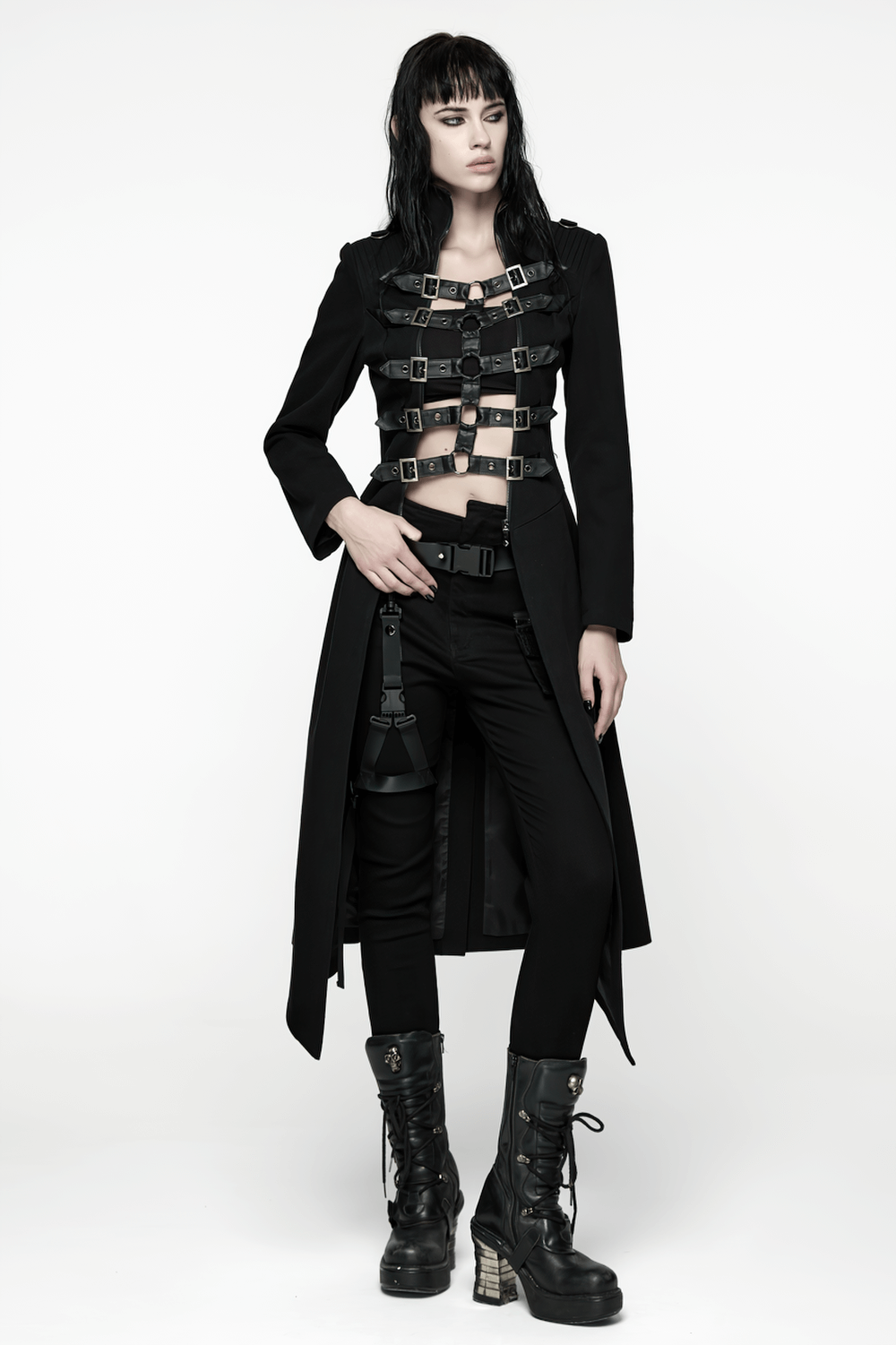 Gothic Long Black Coat with Straps and Buckle Detail