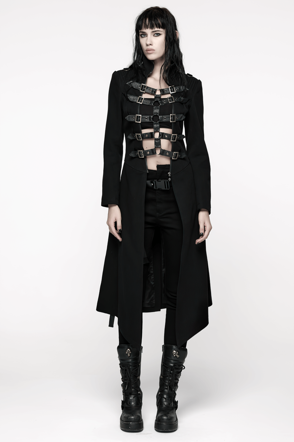 Gothic Long Black Coat with Straps and Buckle Detail