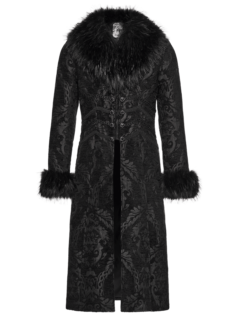 Gothic Long Brocade Coat with Faux Fur Collar and Cuffs