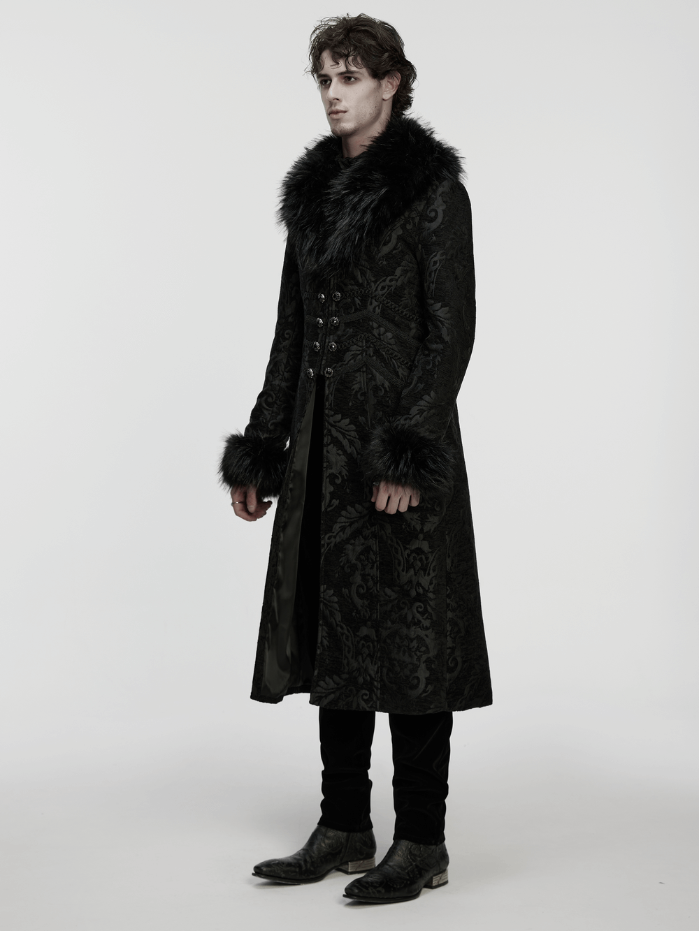Gothic Long Brocade Coat with Faux Fur Collar and Cuffs