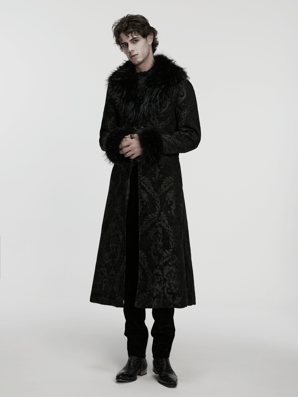 Gothic Long Brocade Coat with Faux Fur Collar and Cuffs