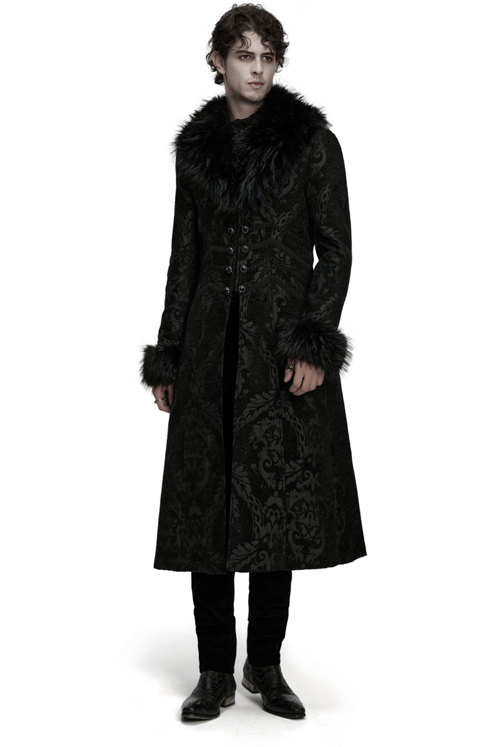 Gothic Long Brocade Coat with Faux Fur Collar and Cuffs