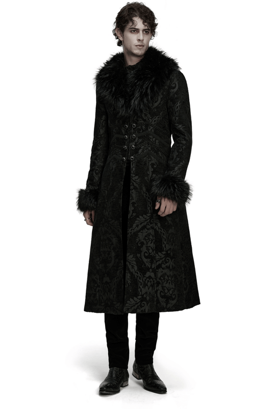 Gothic Long Brocade Coat with Faux Fur Collar and Cuffs