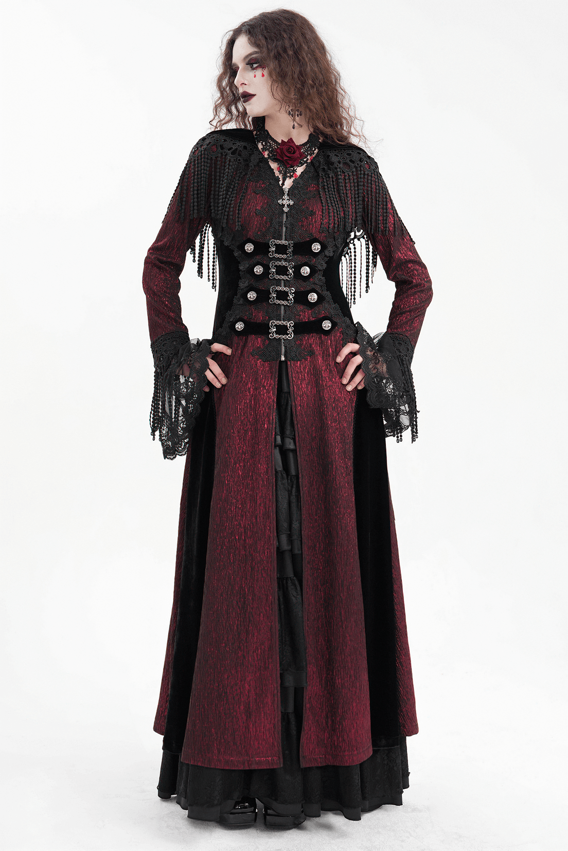 Gothic Long Cape with Hooded Lace and Button Details