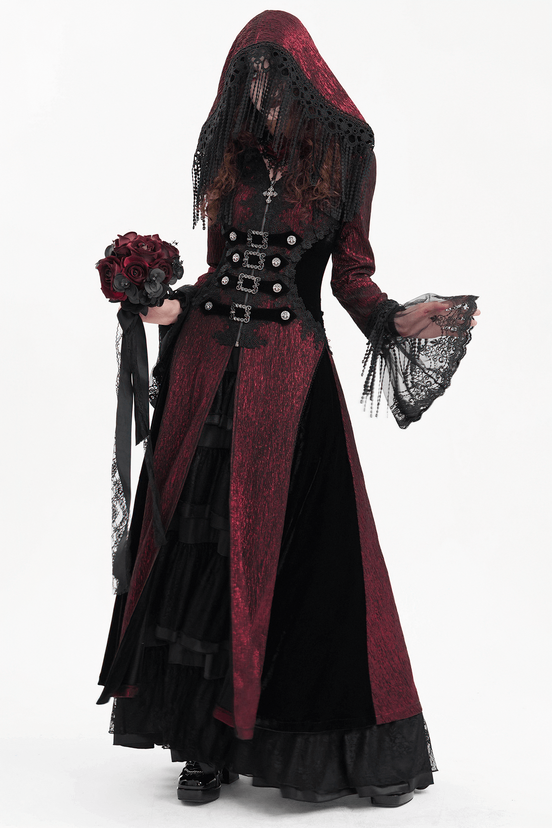 Gothic Long Cape with Hooded Lace and Button Details