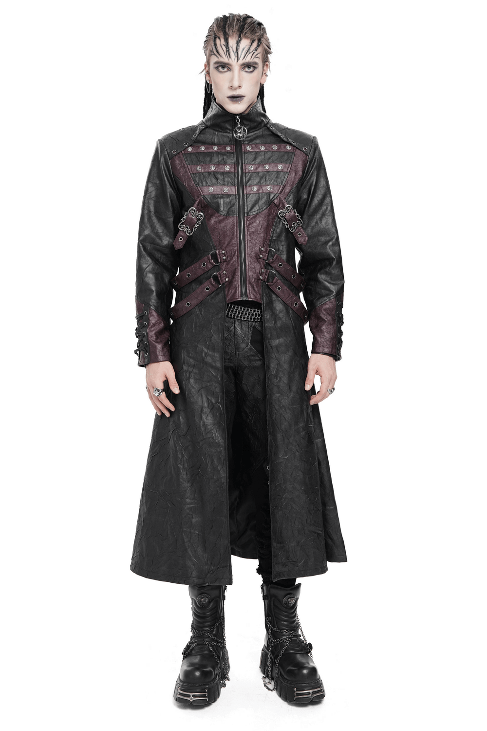 Gothic Long Coat with Buckled Panels and Metal Accents