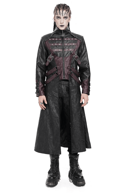 Gothic Long Coat with Buckled Panels and Metal Accents