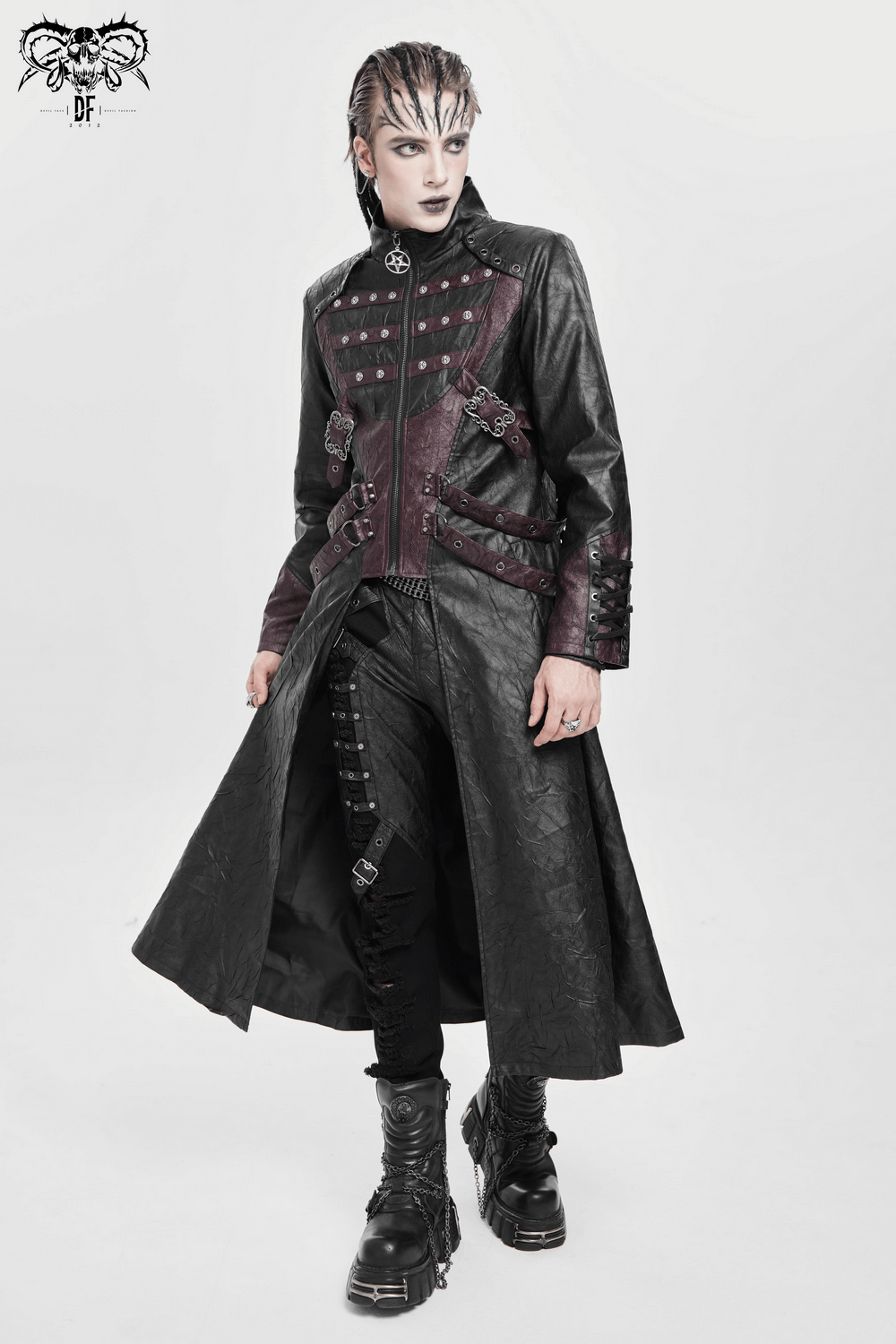 Gothic Long Coat with Buckled Panels and Metal Accents
