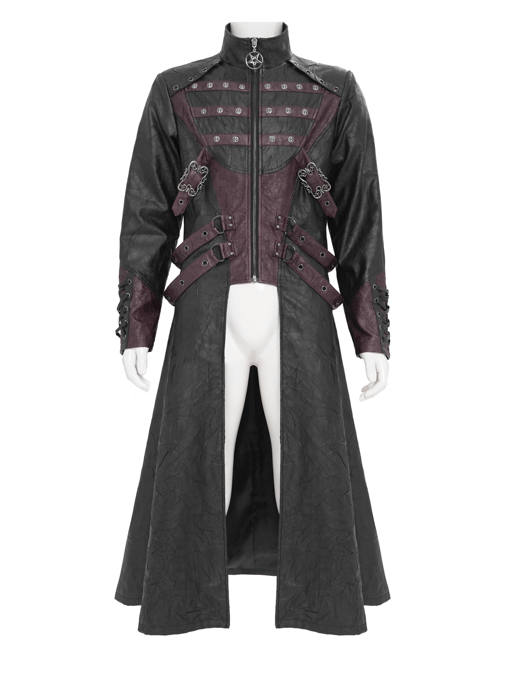 Gothic Long Coat with Buckled Panels and Metal Accents