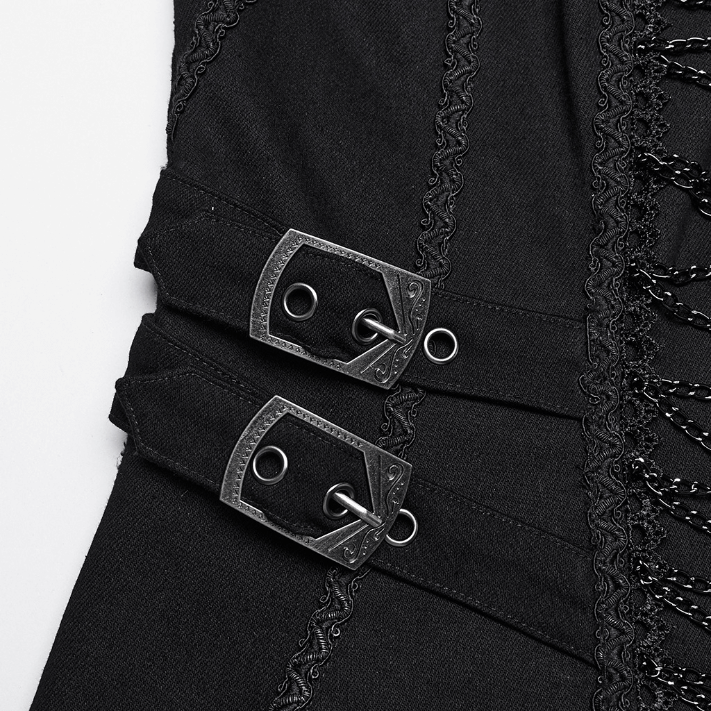 Gothic Long Coat with Chains and Buckle Details