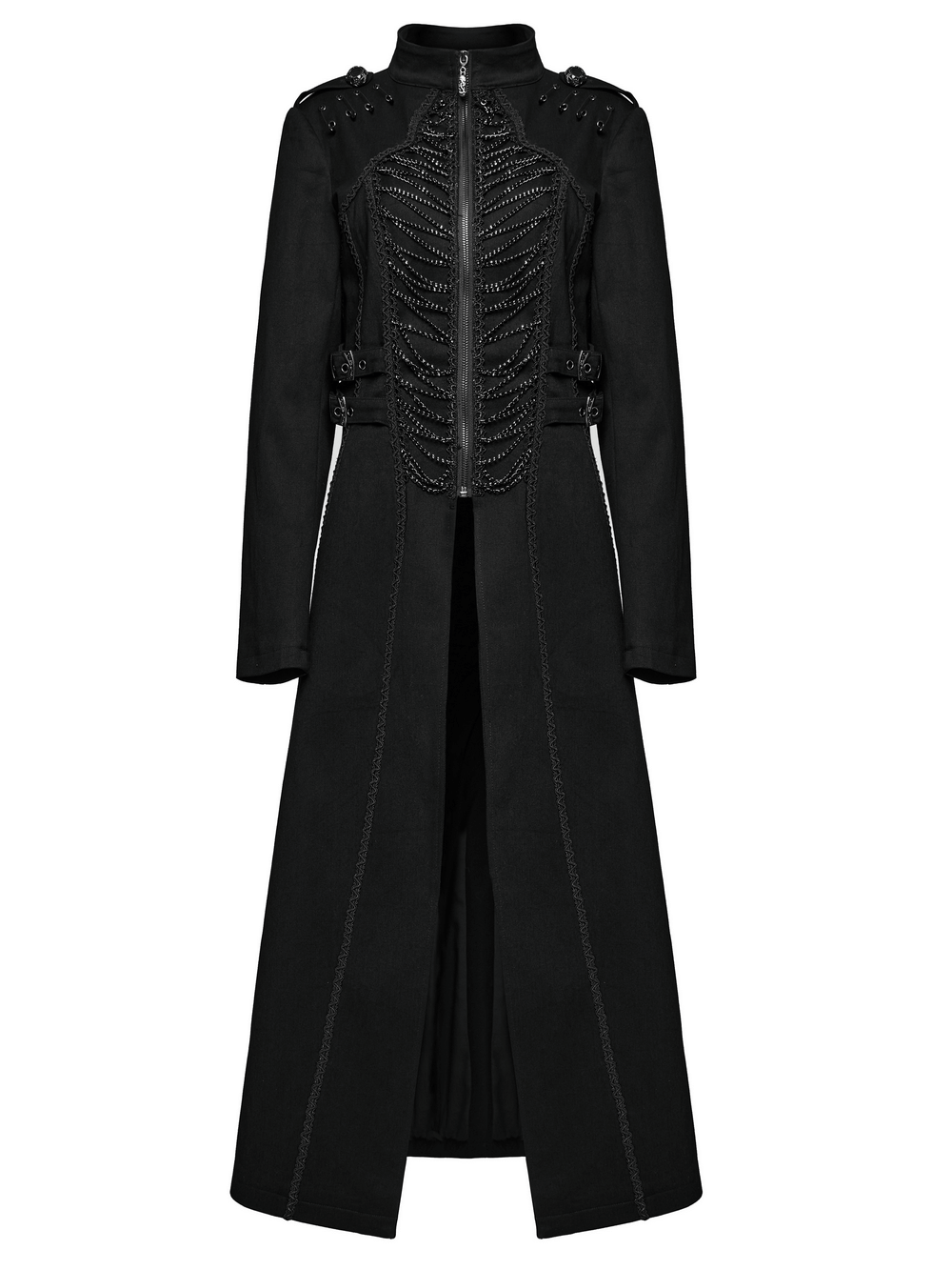 Gothic Long Coat with Chains and Buckle Details