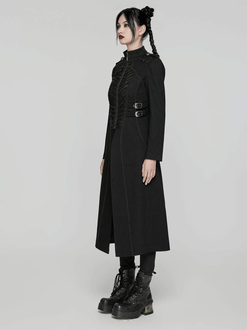Gothic Long Coat with Chains and Buckle Details