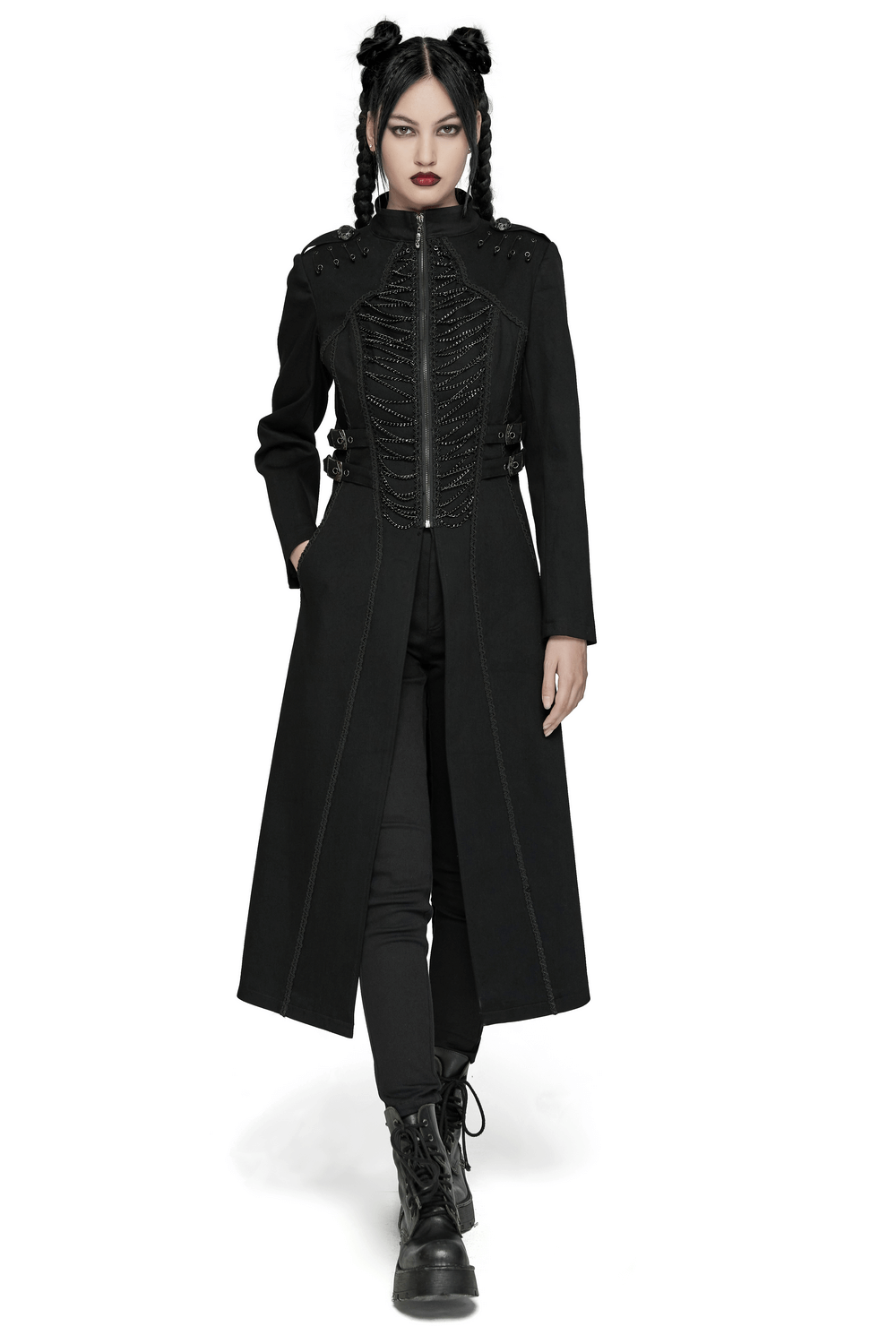 Gothic Long Coat with Chains and Buckle Details
