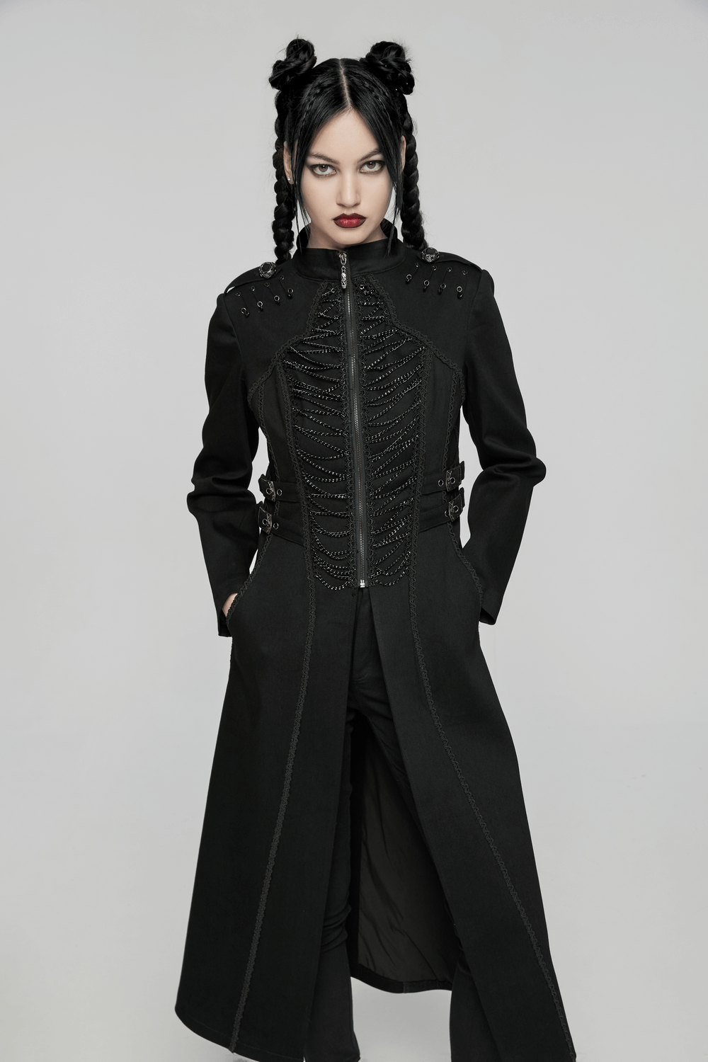 Gothic Long Coat with Chains and Buckle Details