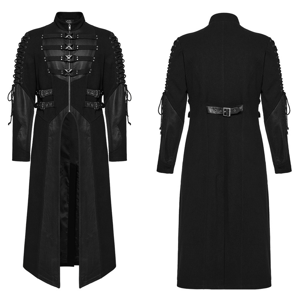 Gothic Long Coat with X-Buckles and Mesh Accents