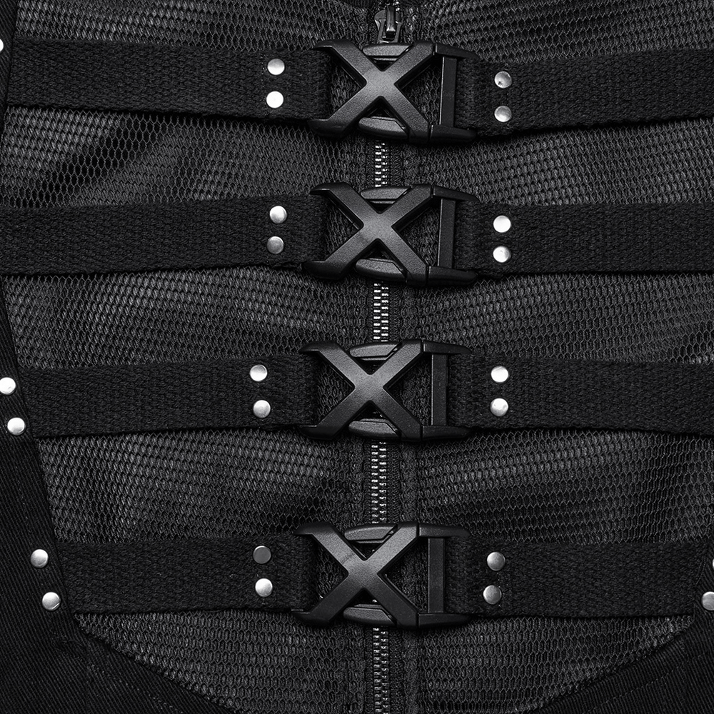 Gothic Long Coat with X-Buckles and Mesh Accents