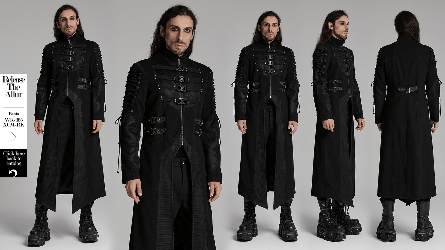Gothic Long Coat with X-Buckles and Mesh Accents
