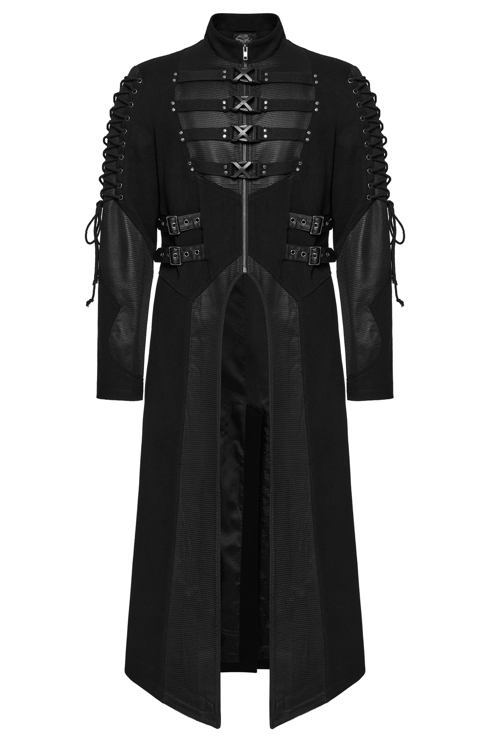 Gothic Long Coat with X-Buckles and Mesh Accents