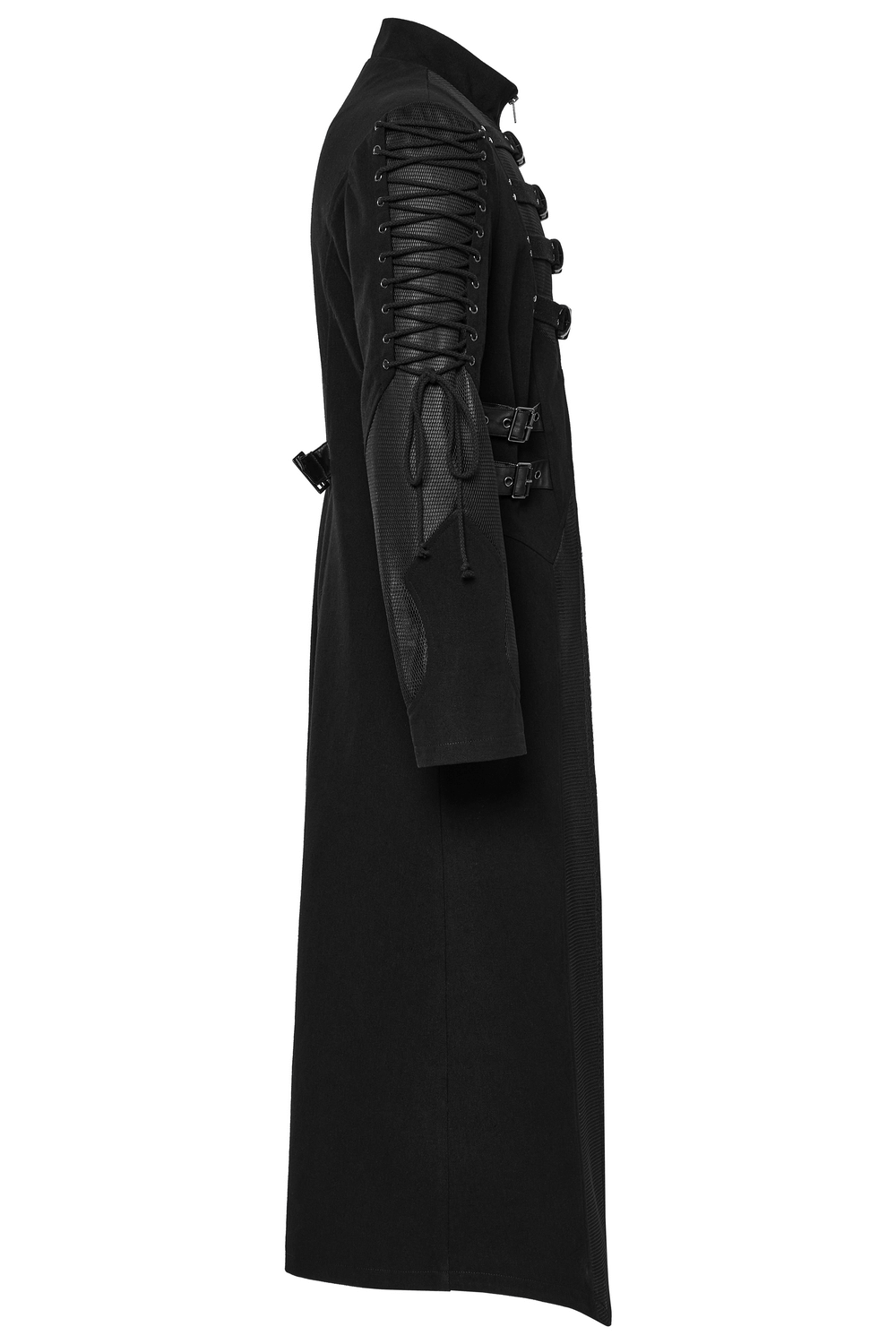Gothic Long Coat with X-Buckles and Mesh Accents