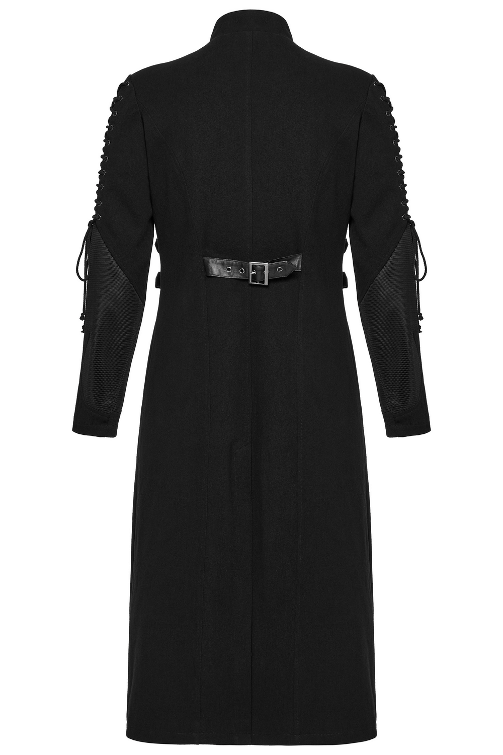 Gothic Long Coat with X-Buckles and Mesh Accents
