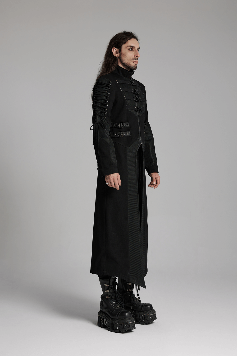 Gothic Long Coat with X-Buckles and Mesh Accents