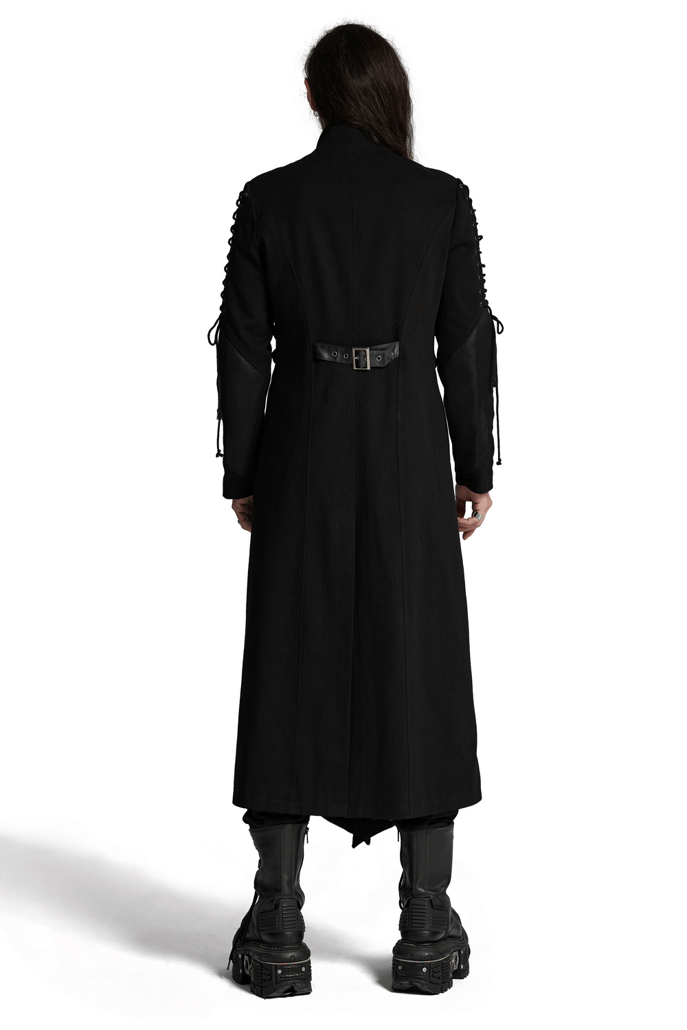 Gothic Long Coat with X-Buckles and Mesh Accents