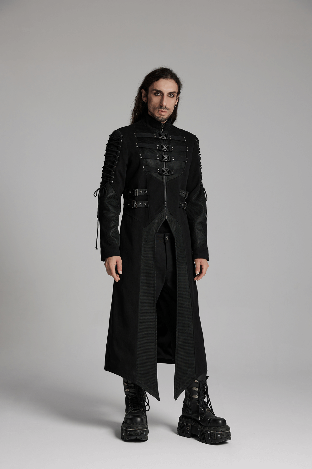 Gothic Long Coat with X-Buckles and Mesh Accents