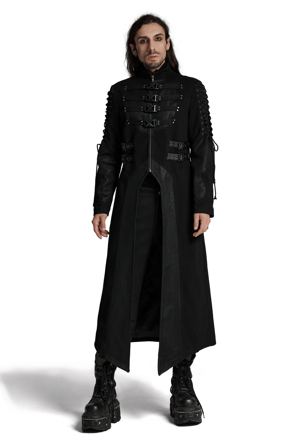 Gothic Long Coat with X-Buckles and Mesh Accents
