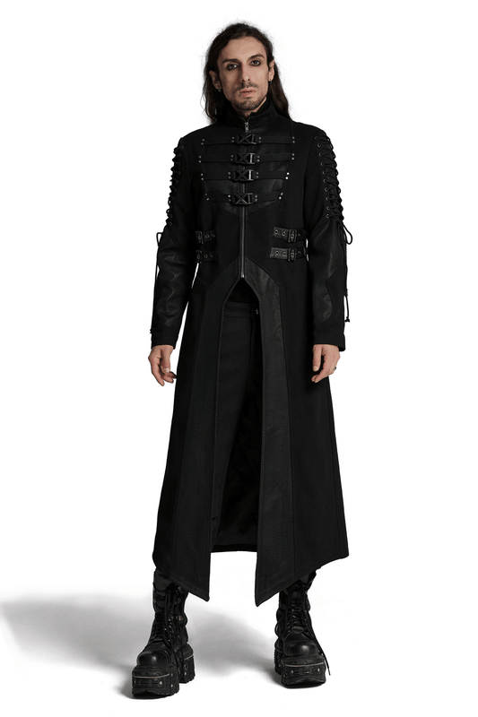 Gothic Long Coat with X-Buckles and Mesh Accents