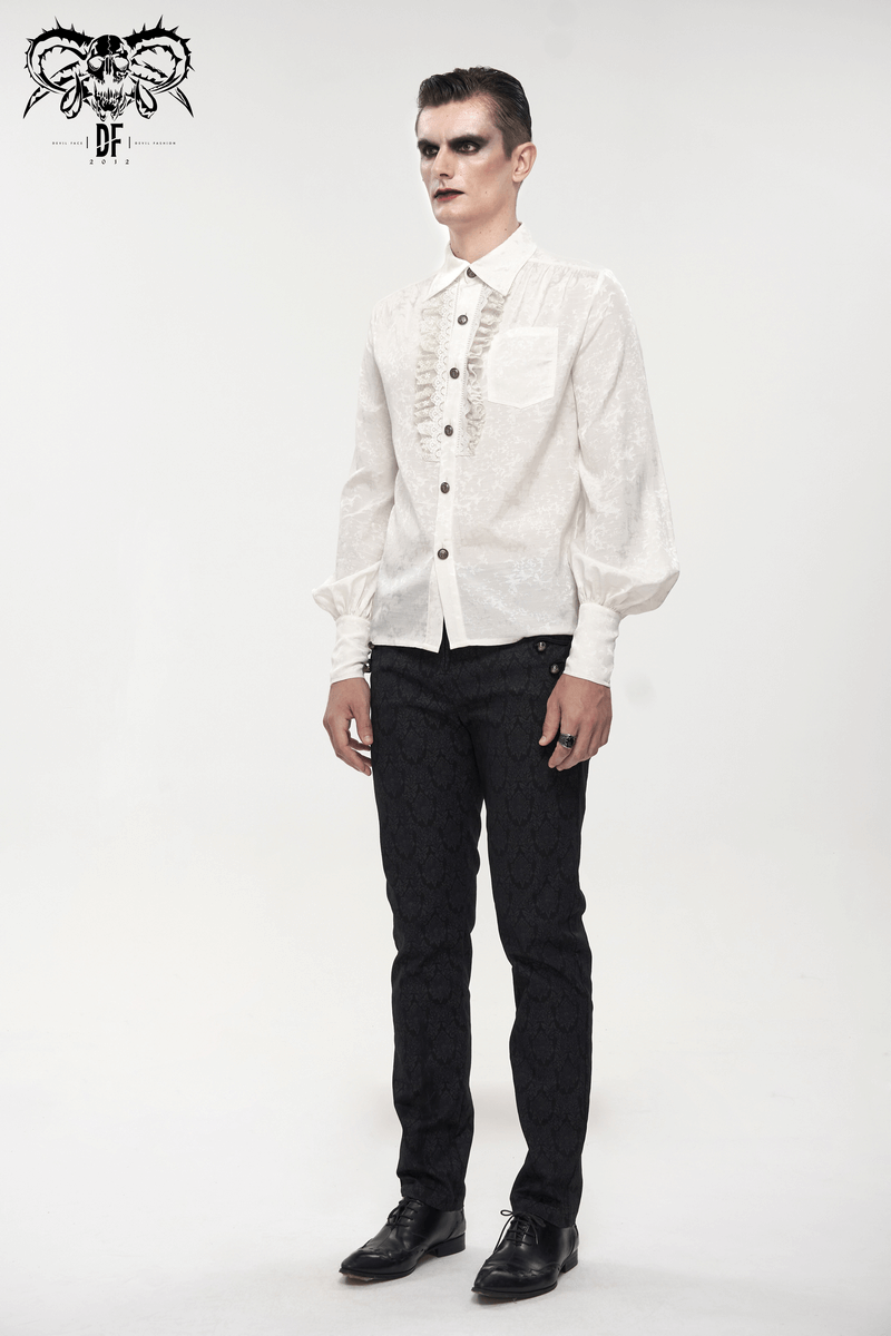 Gothic Long Lantern Sleeves Shirt / Male Jacquard White Shirt with Lace Ruffles