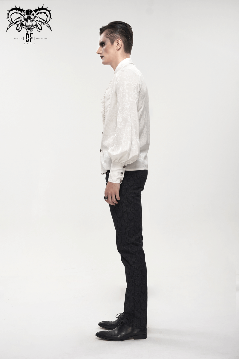 Gothic Long Lantern Sleeves Shirt / Male Jacquard White Shirt with Lace Ruffles
