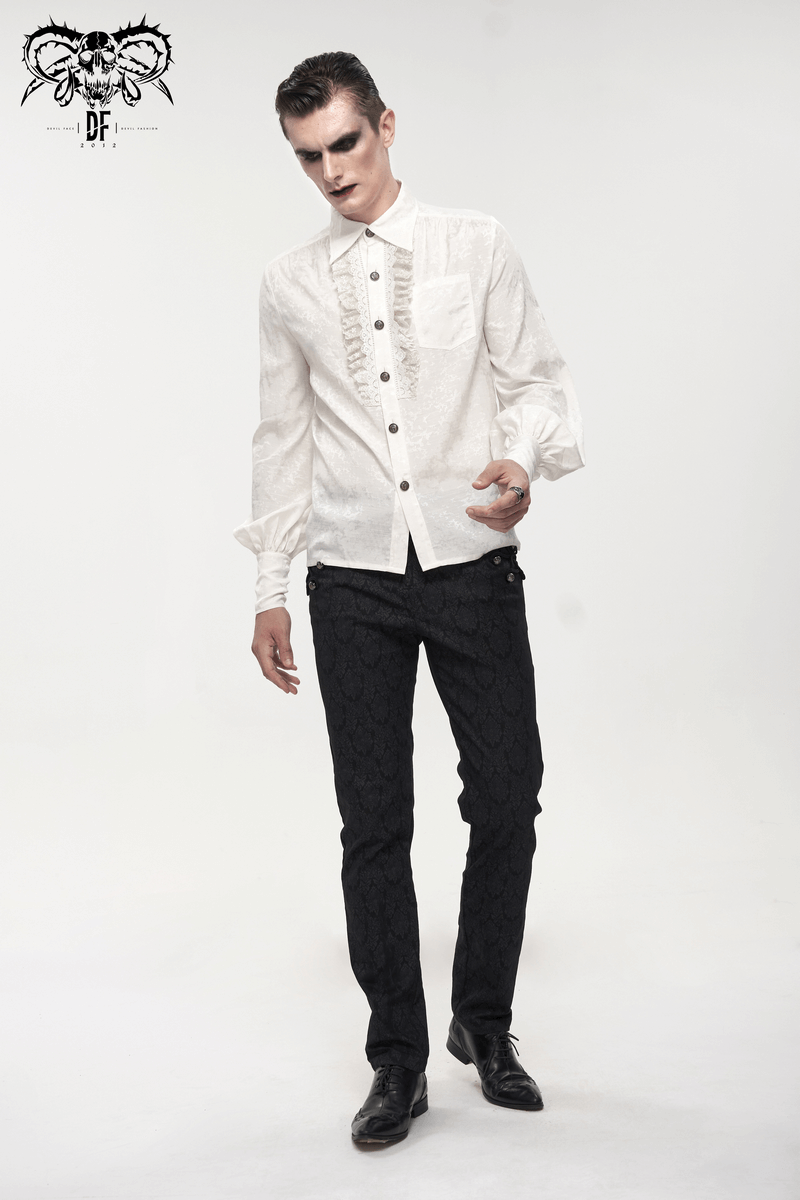 Gothic Long Lantern Sleeves Shirt / Male Jacquard White Shirt with Lace Ruffles