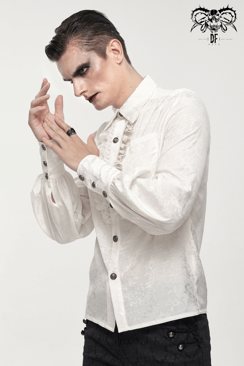 Gothic Long Lantern Sleeves Shirt / Male Jacquard White Shirt with Lace Ruffles