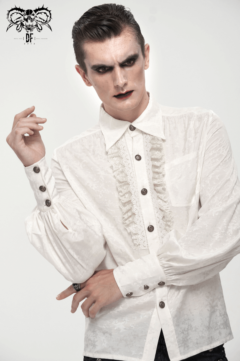 Gothic Long Lantern Sleeves Shirt / Male Jacquard White Shirt with Lace Ruffles