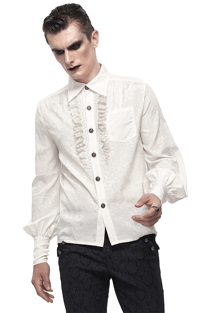 Gothic Long Lantern Sleeves Shirt / Male Jacquard White Shirt with Lace Ruffles