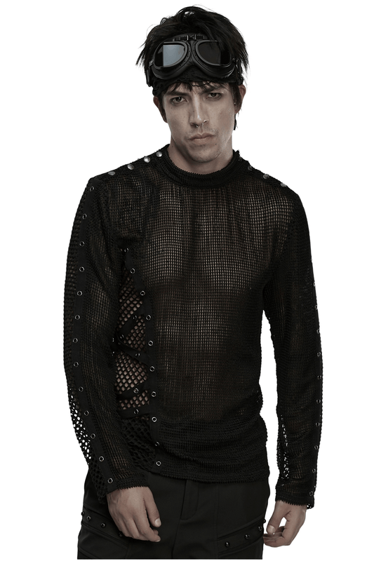 Gothic Long Sleeve Black Mesh Top with Eyelet Straps
