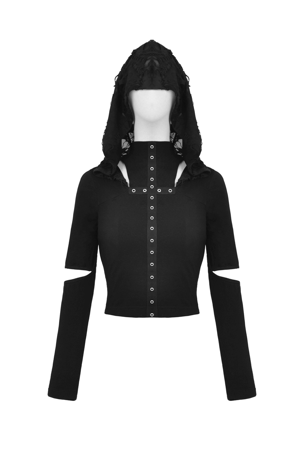 Gothic Long Sleeves Black Crop Top with Eyelets and Hood