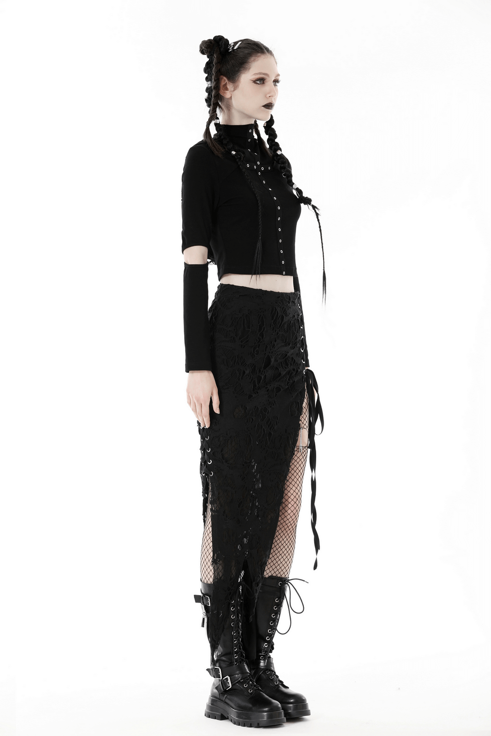 Gothic Long Sleeves Black Crop Top with Eyelets and Hood